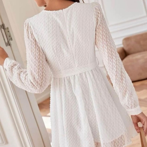 Frenchy Guipure Lace Insert Bishop Sleeve Belted Dress - Picture 2 of 4